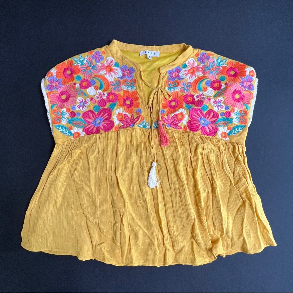 THML mustard yellow embroidered top peasant boho/S